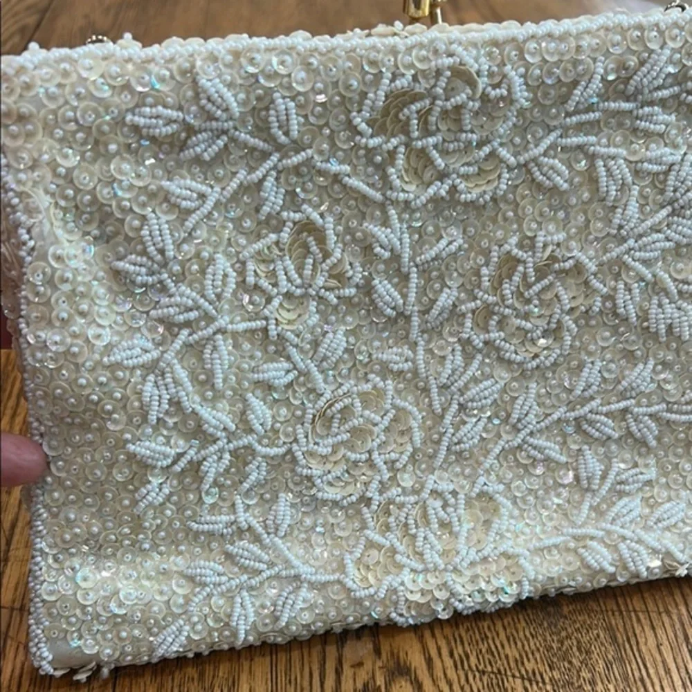 Vintage SHARONEE Elegant Cream Beaded Clutch Made In British Hong Kong 1960s